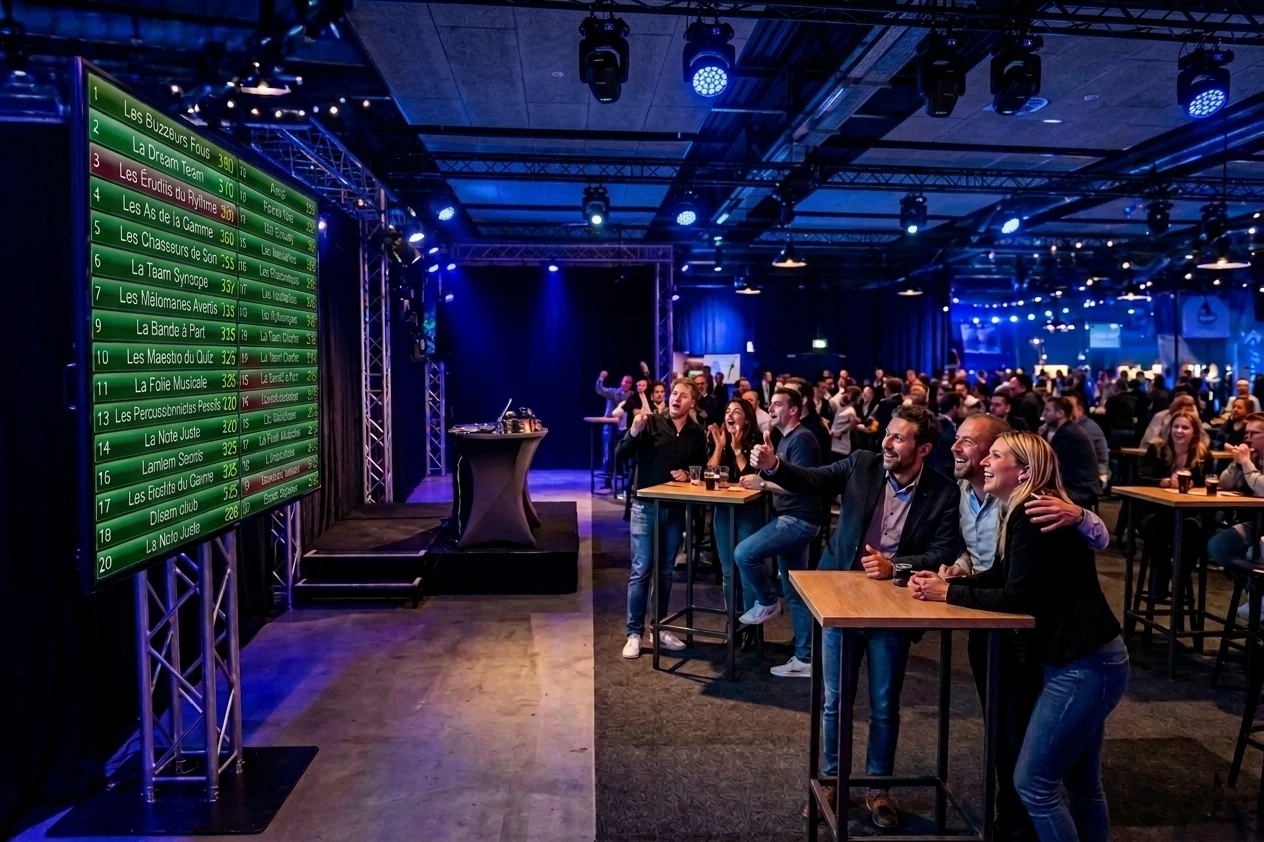Écran géant interactif affichant les scores du blind test lors d'une soirée d'anniversaire ou animation de mariage